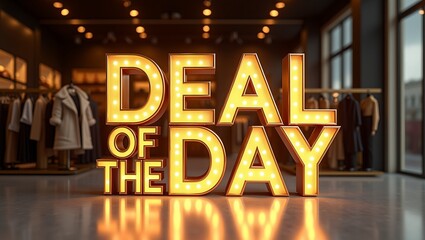 Stylish 3D DEAL OF THE DAY sign in gold foil with spotlights in a chic digital boutique