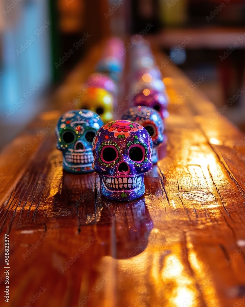 Wall mural Colorful decorative skulls arranged on a wooden table, reflecting cultural significance.