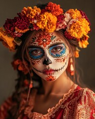 A woman adorned with traditional Day of the Dead makeup and floral crown, celebrating culture.