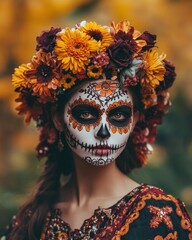 A woman with traditional Day of the Dead makeup and a floral crown, celebrating cultural heritage.