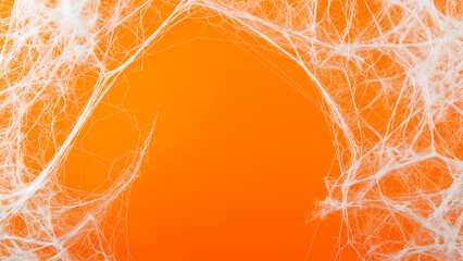 Flat orange background with spider webs, Halloween theme, white webs in the corners.