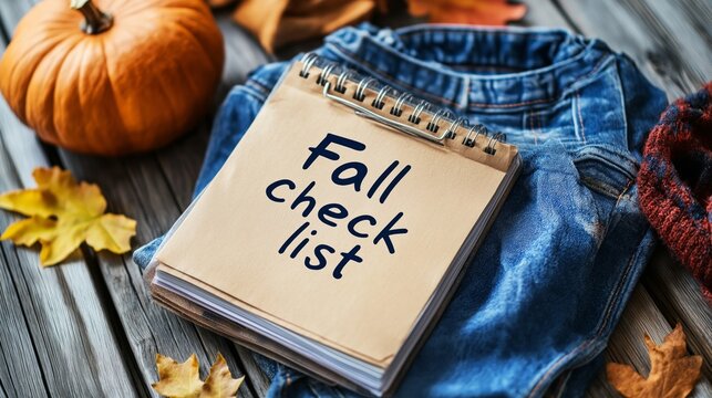 Cozy autumn checklist with warm clothing and seasonal decorations on a wooden table