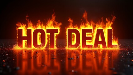 Dynamic HOT DEAL in fiery 3D letters on dark backdrop with sparks for striking visual impact
