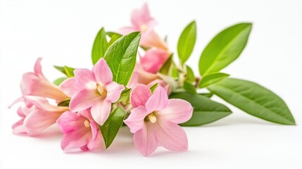 A cluster of delicate pink flowers with green leaves on a white background.