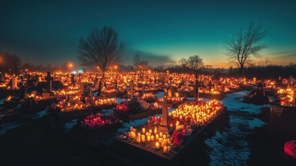 Naklejka premium A serene graveyard illuminated by candles at dusk, honoring the deceased.