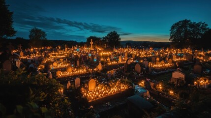 Obraz premium A serene cemetery illuminated by numerous candles at dusk, honoring the deceased.