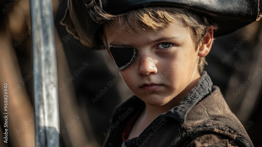 Sticker A young pirate with an eye patch and sword, embodying adventurous spirit and bravery.