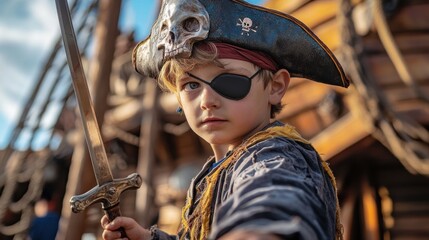 A young pirate with a sword and eyepatch poses confidently on a ship.
