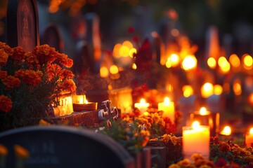 A serene cemetery scene with candles and marigolds, evoking remembrance and reflection.