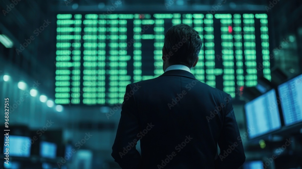 Poster a man in a suit standing in front of a large green screen