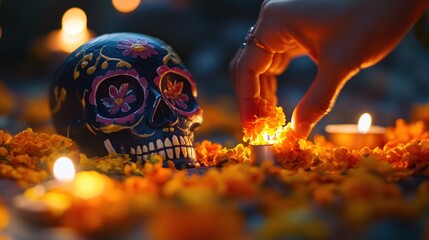 A colorful sugar skull surrounded by marigold flowers and candles, symbolizing D?a de los Muertos.