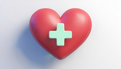 Obraz premium A vibrant red heart with a mint green cross on it, symbolizing health, care, and medical assistance, set against a clean, white background.