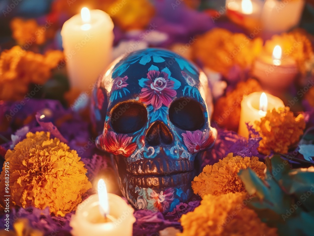 Wall mural A colorful skull surrounded by marigolds and candles, symbolizing D?a de los Muertos.