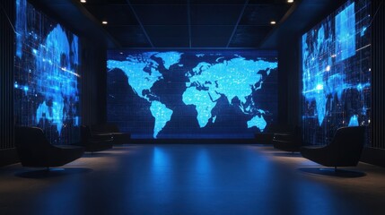 Bright blue world maps glow on the walls of a sleek, contemporary room, highlighting a focus on global communication