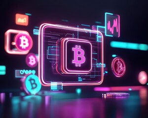 A glowing branded digital wallet floating in a futuristic landscape of cryptocurrency symbols and digital screens, Sci-fi, Neon, modern tones