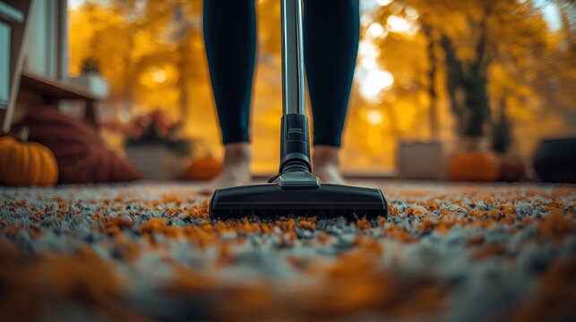 Dusting and vacuuming an allergen-free home with fall decorations during autumn