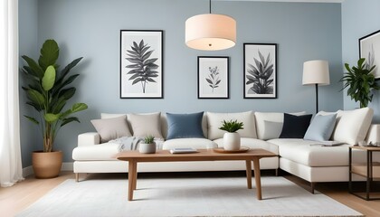 Photo modern style interior room 3d illustration Interior,Kitchen,Washrooms frame living room with colorful white sofa,led with blank frame