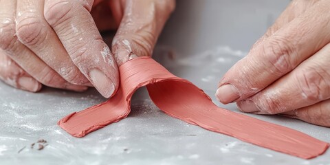 Fototapeta premium Hands sculpting a red ribbon out of clay, symbolizing human effort and creativity in the fight against AIDS, World AIDS Day