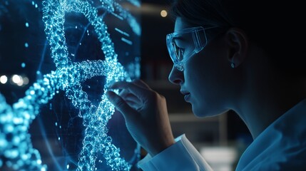Scientist analyzing genomic data with a digital 3D DNA model on a holographic screen in a modern lab