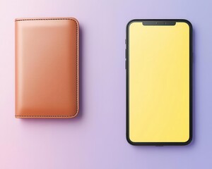 A sleek money wallet with bold embossed branding, next to a smartphone displaying a vibrant digital wallet app interface, Photorealistic, Bright, high-detail