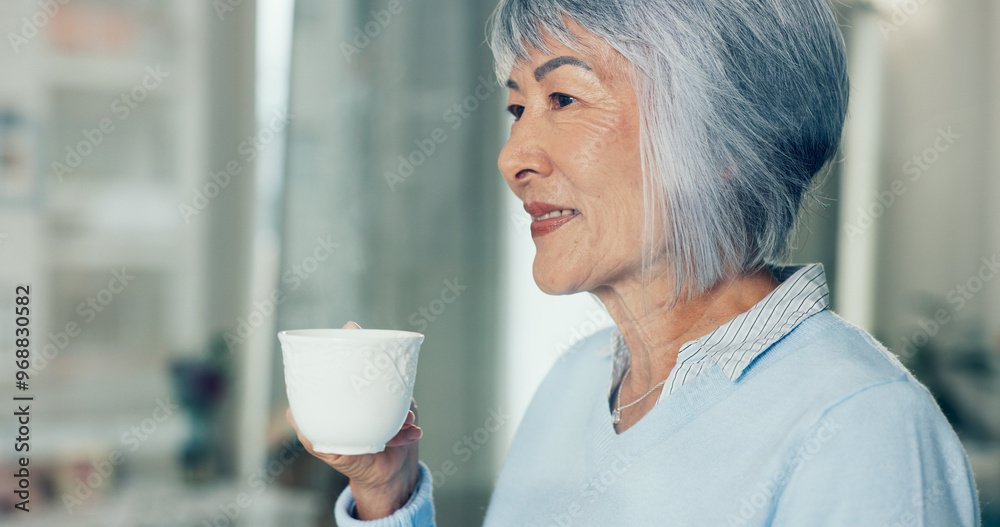 Canvas Prints Senior woman, thinking and tea in nursing home for retirement, nostalgia and mindfulness. Elderly person, smile or peace in living room with happy past memory, full life and warm beverage for relax