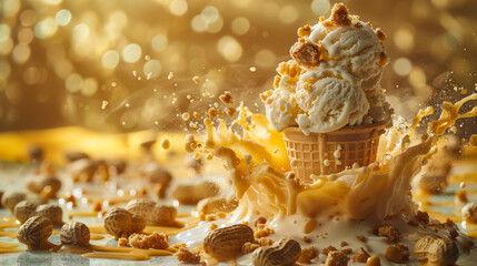 A scoop of creamy ice cream sits in a waffle cone as caramel drizzles and peanuts scatter around in the warm sunlight.