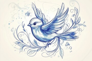 Fototapeta premium A whimsical blue bird illustration surrounded by delicate floral designs, perfect for nature and art enthusiasts.