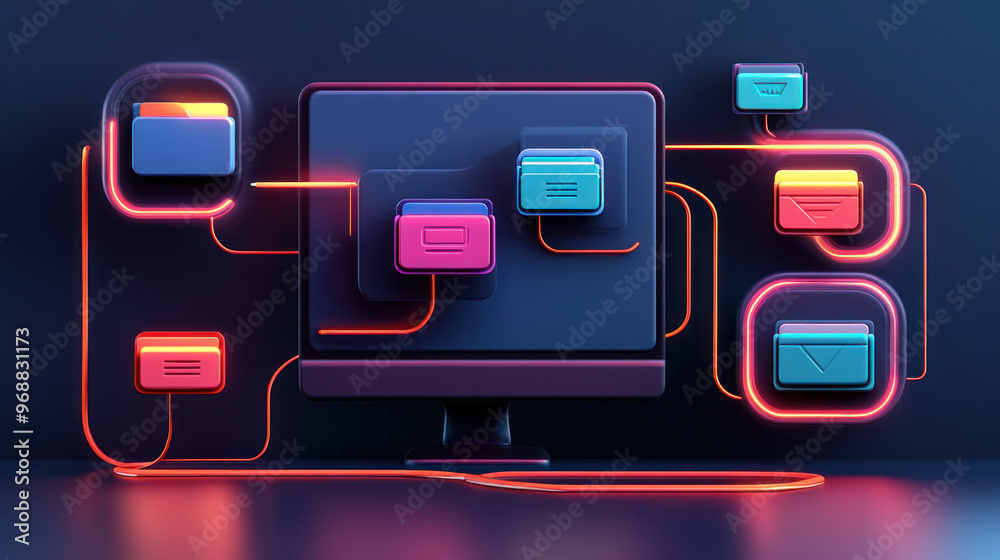 Poster a computer monitor with a colorful display of icons and wires. concept of technology and innovation,