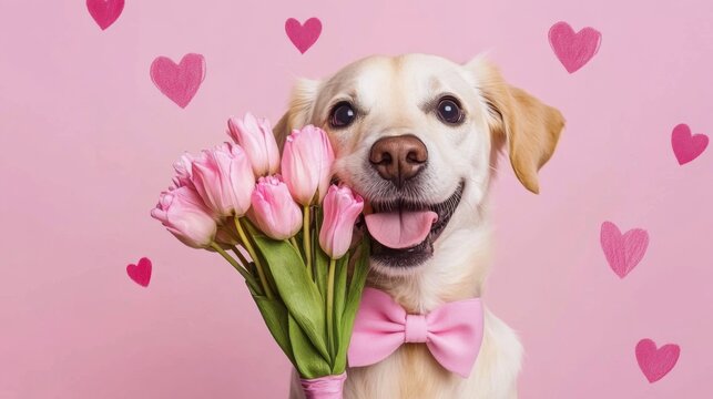 Elegant Pink Bow-Tied Dog with Fresh Tulips and Heart Background, Cutecore Style Photo-Realistic Animalpunk Portrait