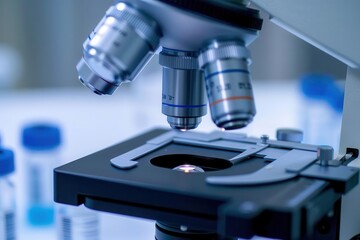 Close-up view of a microscope with glass slide and lens, showcasing precision tools used in laboratory research and medical examination.