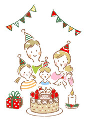 クリスマスを祝う笑顔の4人家族の手描きイラスト