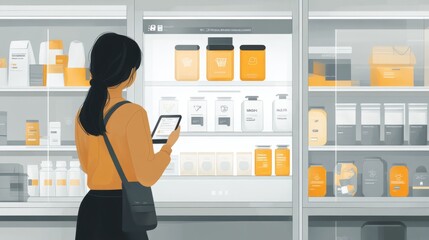 AI-powered shopping assistants offering personalized suggestions: A person browsing products with a smart assistant suggesting items based on their preferences.