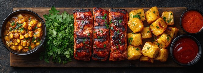 Grilled meats served with roasted potatoes and fresh herbs, creating a vibrant culinary spread