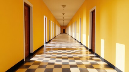 A hallway with checkered floor and yellow walls, AI