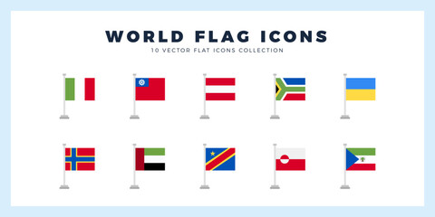 10 World Flags Pole. icons Pack. vector illustration.