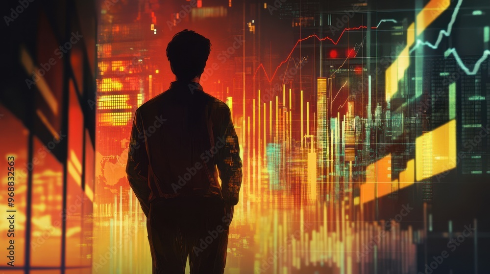 Poster A Silhouetted Man Observing a Complex Digital Data Display