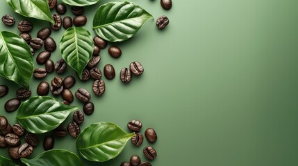 Coffee beans with green leaves against matte green background. top view. Generative AI.