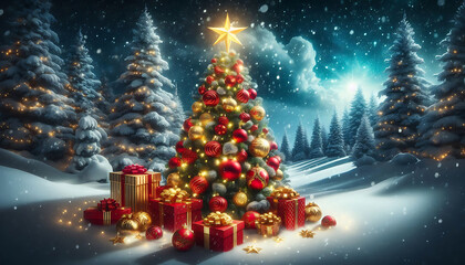 Obraz premium A beautifully decorated christmas tree adorned with red and gold ornaments and topped with a bright star stands in a snowy landscape