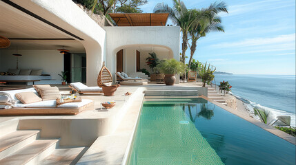 Obraz premium Interior of home by the pool, beach, and ocean. Generative AI.