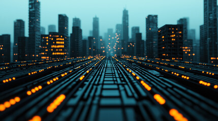 City skyline with intricate infrastructure systems, futuristic layout, 3D illustration