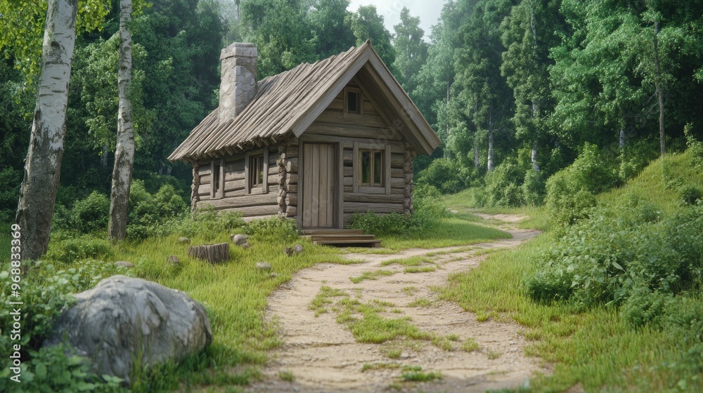 Wall mural A small cabin in the woods with a path leading to it, AI