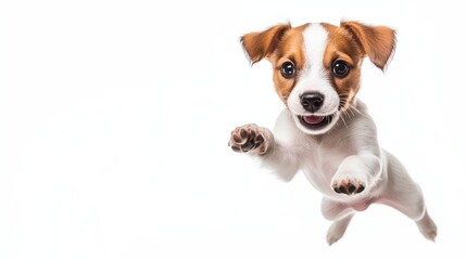 Portrait of cute playful puppy of Jack Russell Terrier in motion, jumping isolated over white studio background. Concept of motion, beauty, vet, breed, pets, animal life. Copy space for ad