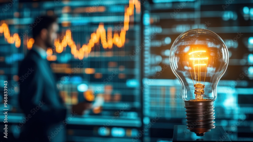 Poster illuminated light bulb against a background of financial charts and a blurred businessman