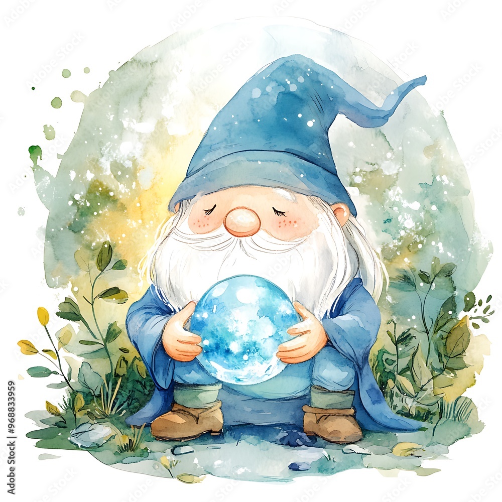 Poster Watercolor Illustration of a Gnome Holding a Crystal Ball.