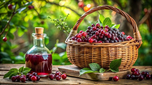 "Granberry fruit, with its reddish-purple hue, sits atop a woven basket, surrounded by lush greenery and antique bottles, radiating warmth and nostalgia, evoking a sense of rustic simplicity."