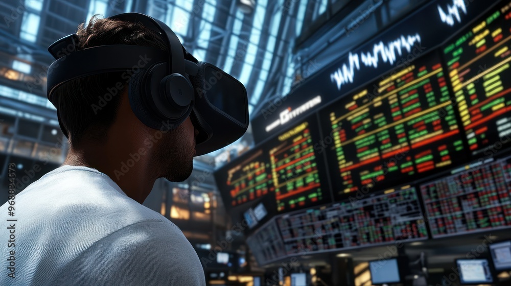 Poster man in vr headset looking at stock market data