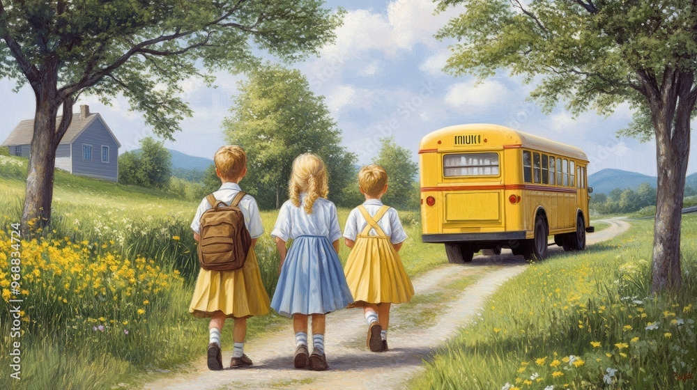 Wall mural A painting of three girls walking down a dirt road towards the school bus, AI