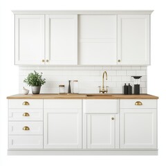 Modern white kitchen with wooden countertop and stylish fixtures.