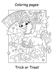 Halloween coloring cute unicorn and lettering vector illustration
