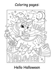 Halloween coloring unicorn witch and lettering vector illustration